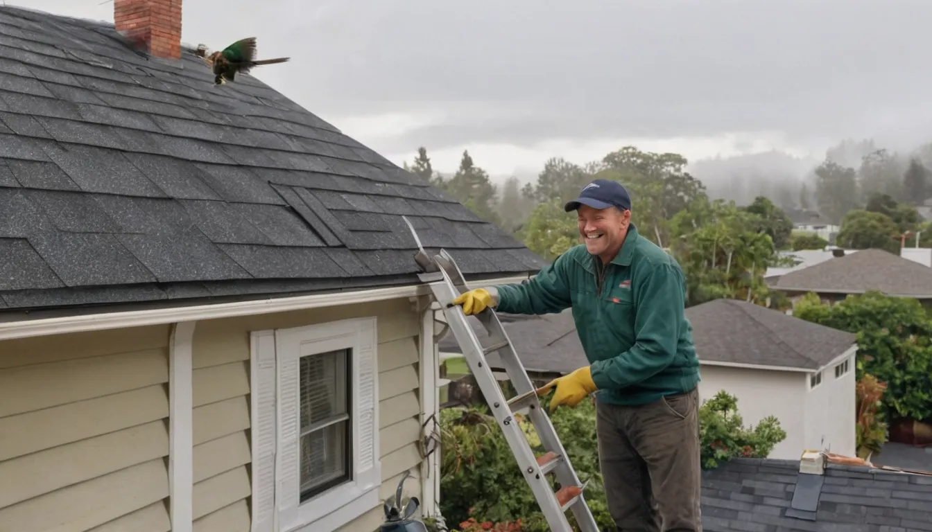 A friendly local provider checking the roofline of a frame house in the Arlington Heights area while a homeowner looks on